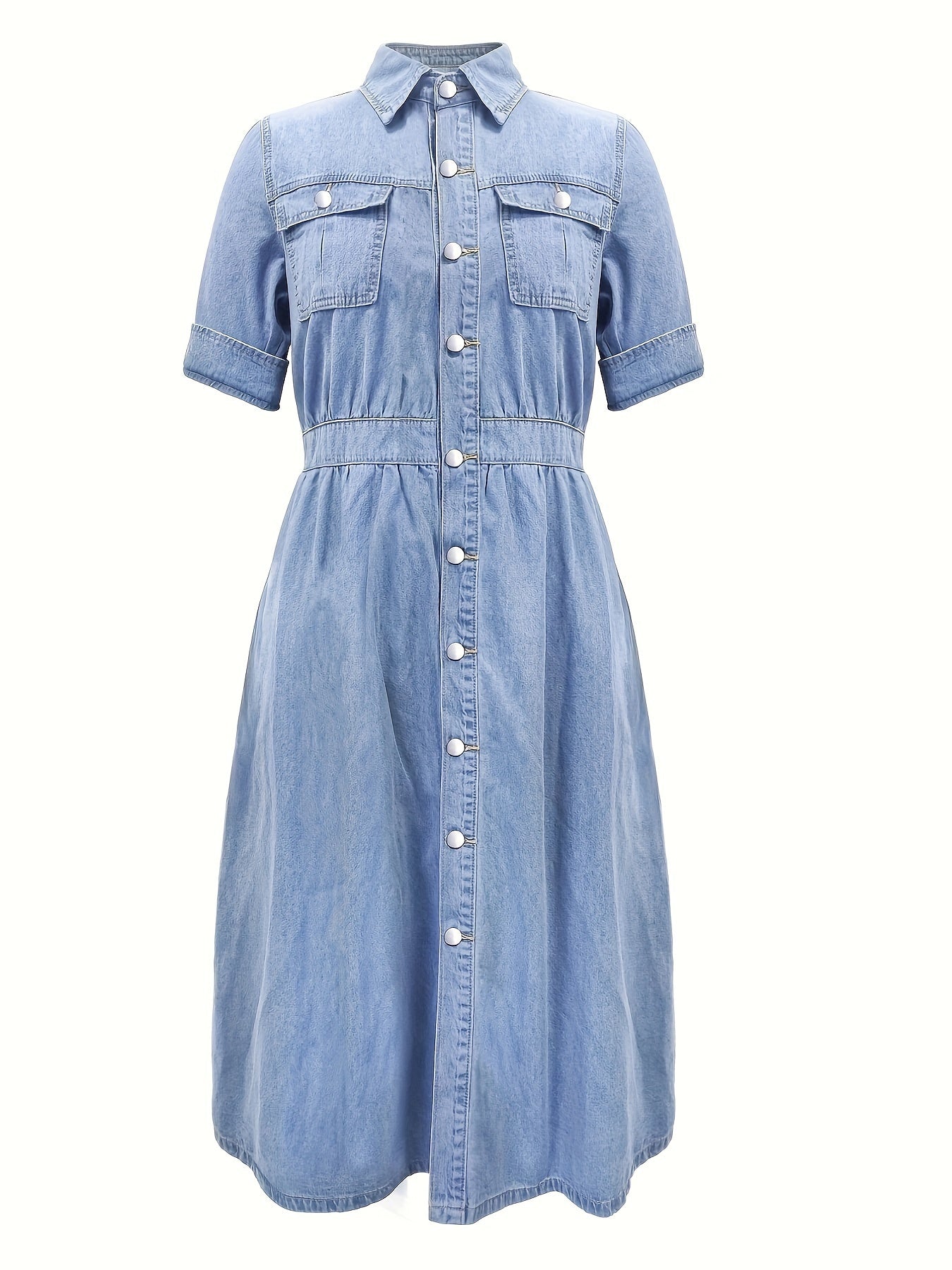 Single-breasted Short Sleeve Plain Denim Dress, Lapel Pleated Flap Pocket Flattering Denim Dress, Women's Denim Jeans & Clothing