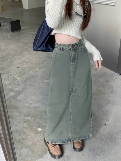 Letter Patched Split Back Denim Skirts, High Waist Washed Vintage Style Fashion Denim Skirts, Women's Denim Clothing