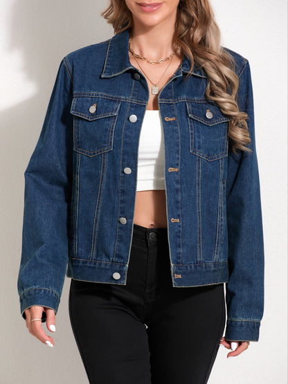 Plain Dark Washed Blue Button Up Long Sleeve Casual Style Denim Top, Women's Denim Jeans & Clothing