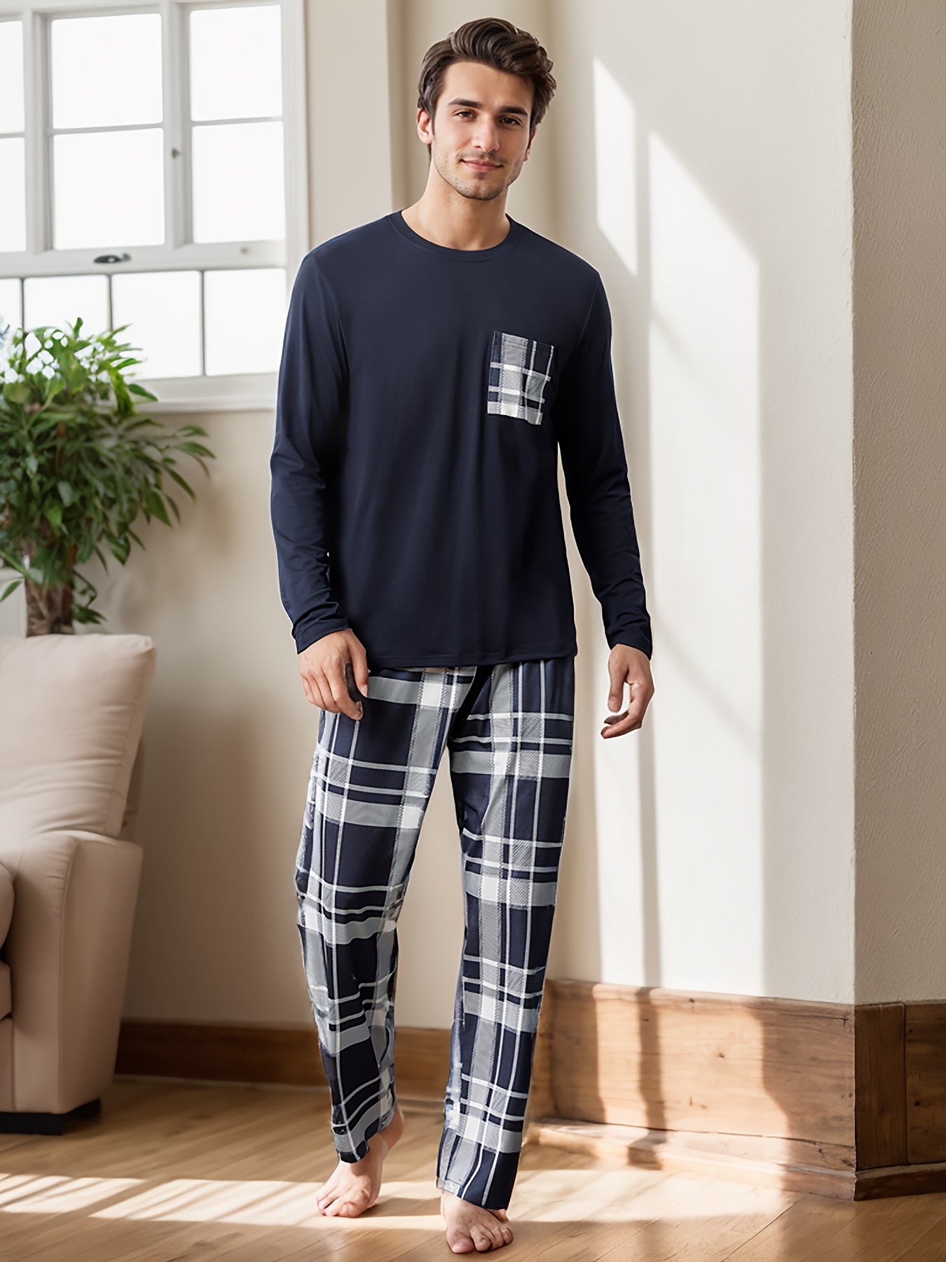 2 Pcs Men's Simple Plaid Pocket Round Neck Long Sleeve & Plaid Trousers Pajama Set, Comfortable & Skin-friendly Style Pajamas For Men's Cozy Loungewear