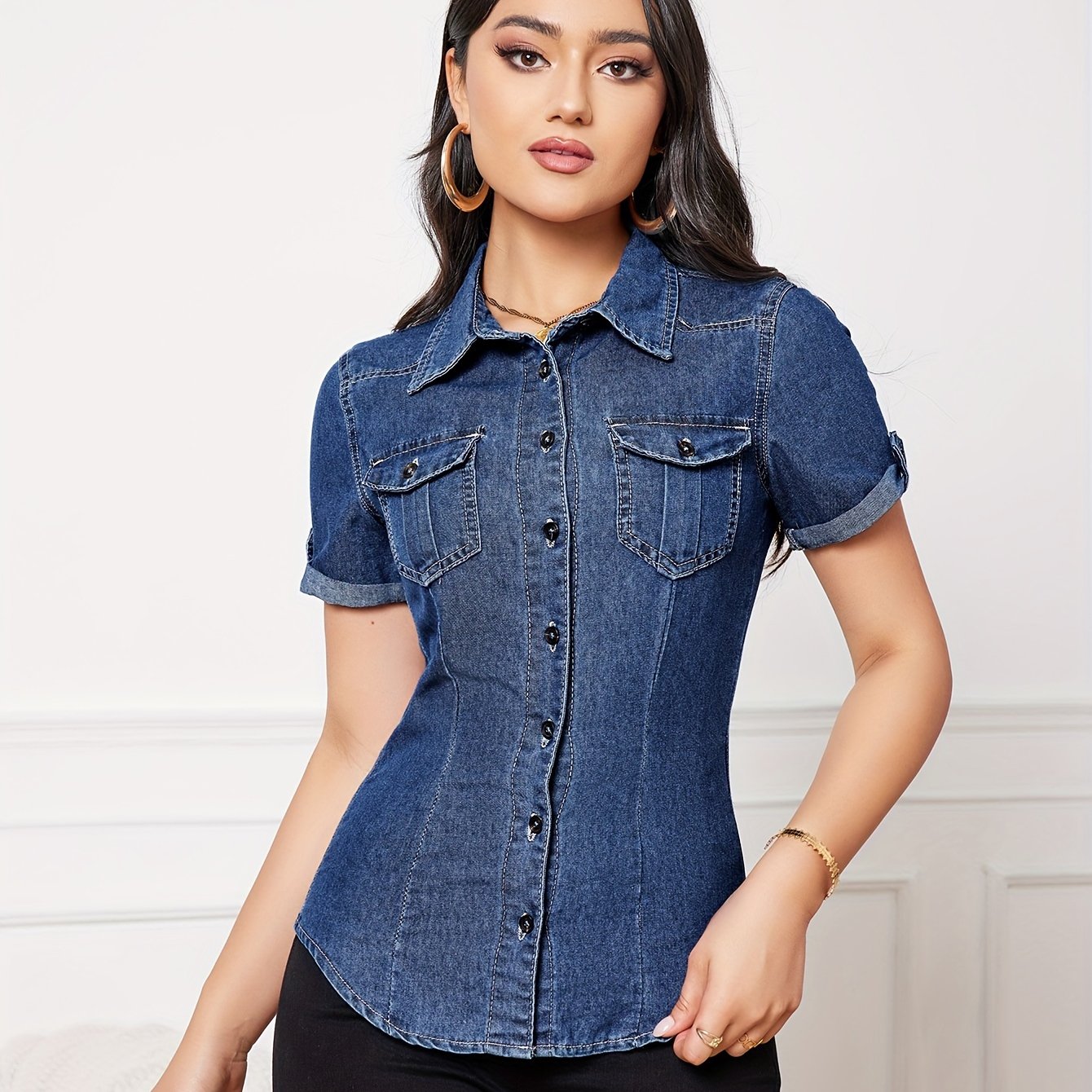 Classic Comfortable Solid Color Non-Stretch Denim Button Closure Short Sleeve Lapel Casual Top - Soft Woven Fabric, Relaxed Fit, Spring/Summer/Fall Essential - Womens Denim Jeans & Clothing