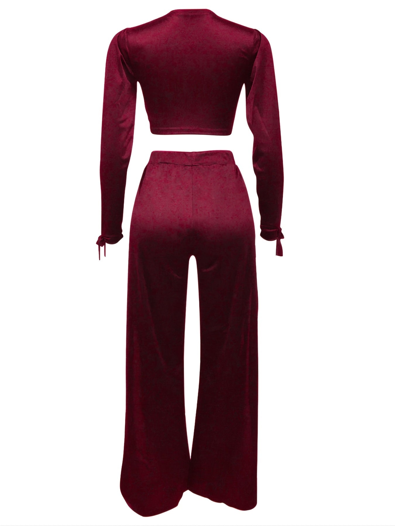 Chic Solid Two-piece Set - Deep V Neck Long Sleeve Crop Top & Split Pants - Womens Casual Fashion Ensemble