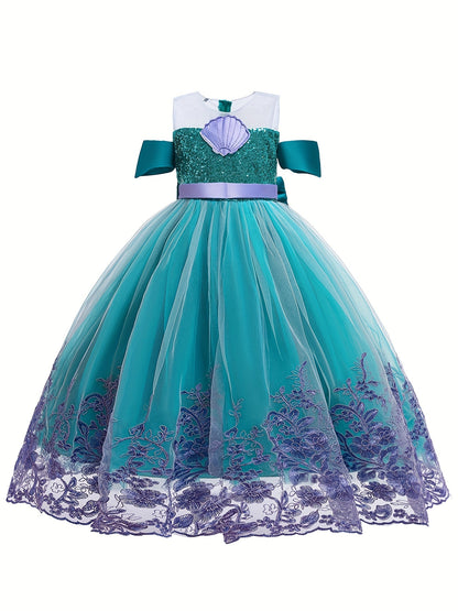 Magnificent Mermaid Princess Dress for Girls - Short Sleeve, Crew Neck, Fish Scale Pattern, Lace Tulle Floor Length, Non-Stretch Polyester, Contrast Sequin Details - Perfect for Party, Wedding, All-Season Wear