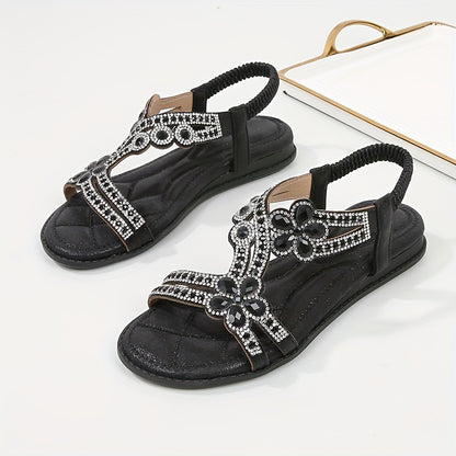 Boho-Chic Rhinestone-Embellished Flat Sandals - Elastic Slip-On Comfort for Casual Summer Days by the Beach