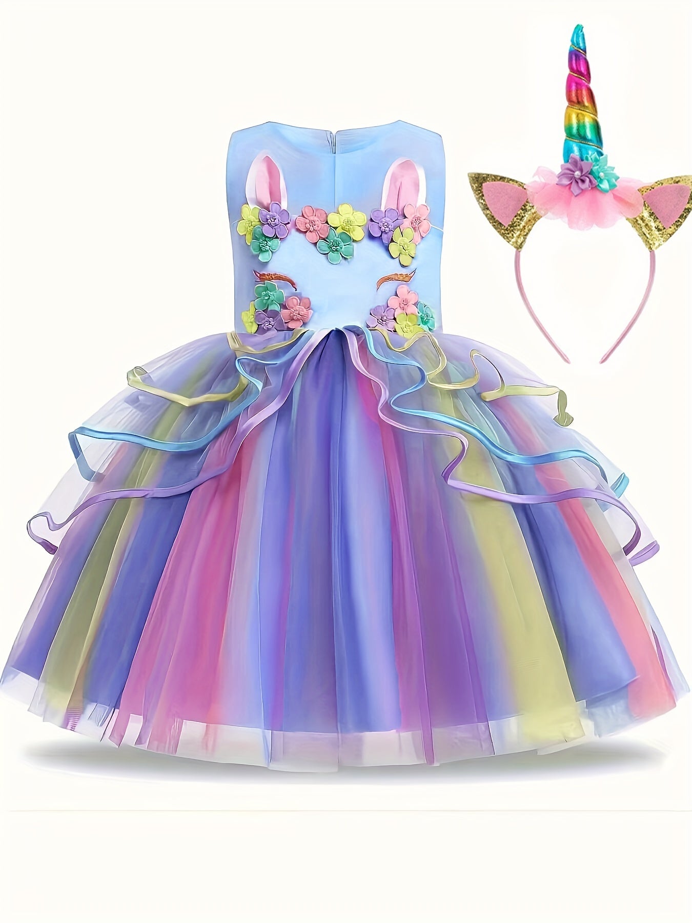 Girls Unicorn Princess Dress Cute Unicorn Floral Print Mesh Princess Dress Tulle Dresses (with Headgear)