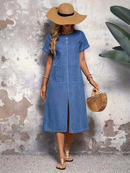 Women's Elegant Denim Midi Dress with Pockets and Front Slit - Cotton Blend, Non-Stretch, Regular Fit, Solid Color for Spring/Summer/Fall - LUNE Chic Casual Jean Dress