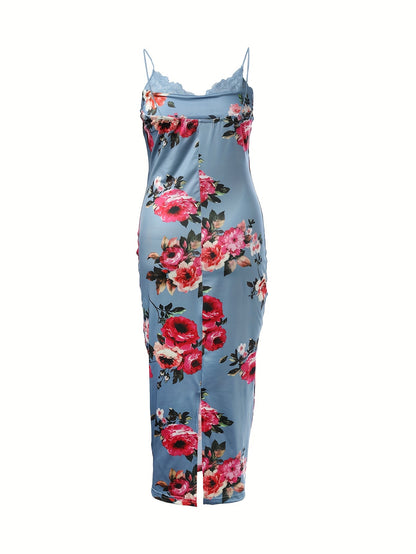 IKEARLAX Chic Bodycon Cami Dress - Floral & Split Back Detail - Perfect for Evening Events