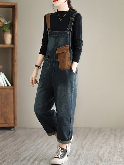 Color Block Patchwork Loose Fit Streetwear Retro Style Denim Overalls Dungarees, Women's Denim Jeans & Clothing