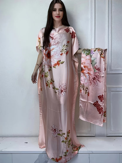 Stunning Floral Print Batwing Kaftan Dress - Elegant Crew Neck, Flowy Maxi Length, Comfortable Women's Clothing for Summer