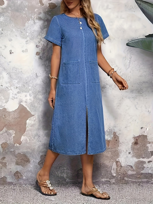 Women's Elegant Denim Midi Dress with Pockets and Front Slit - Cotton Blend, Non-Stretch, Regular Fit, Solid Color for Spring/Summer/Fall - LUNE Chic Casual Jean Dress