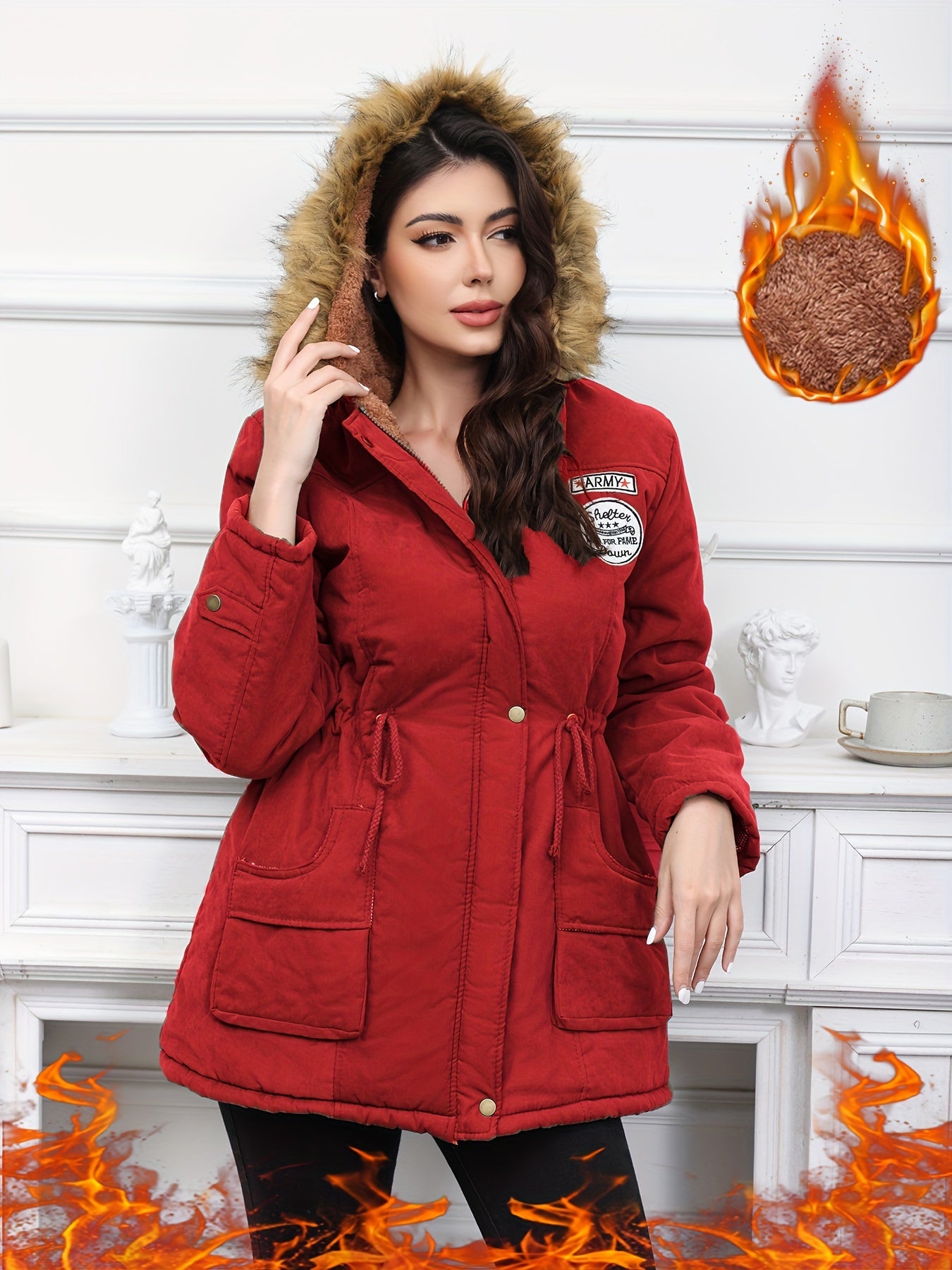 Elegant Women's Fleece-Lined Hooded Jacket - Cozy & Warm for Fall/Winter, Machine Washable