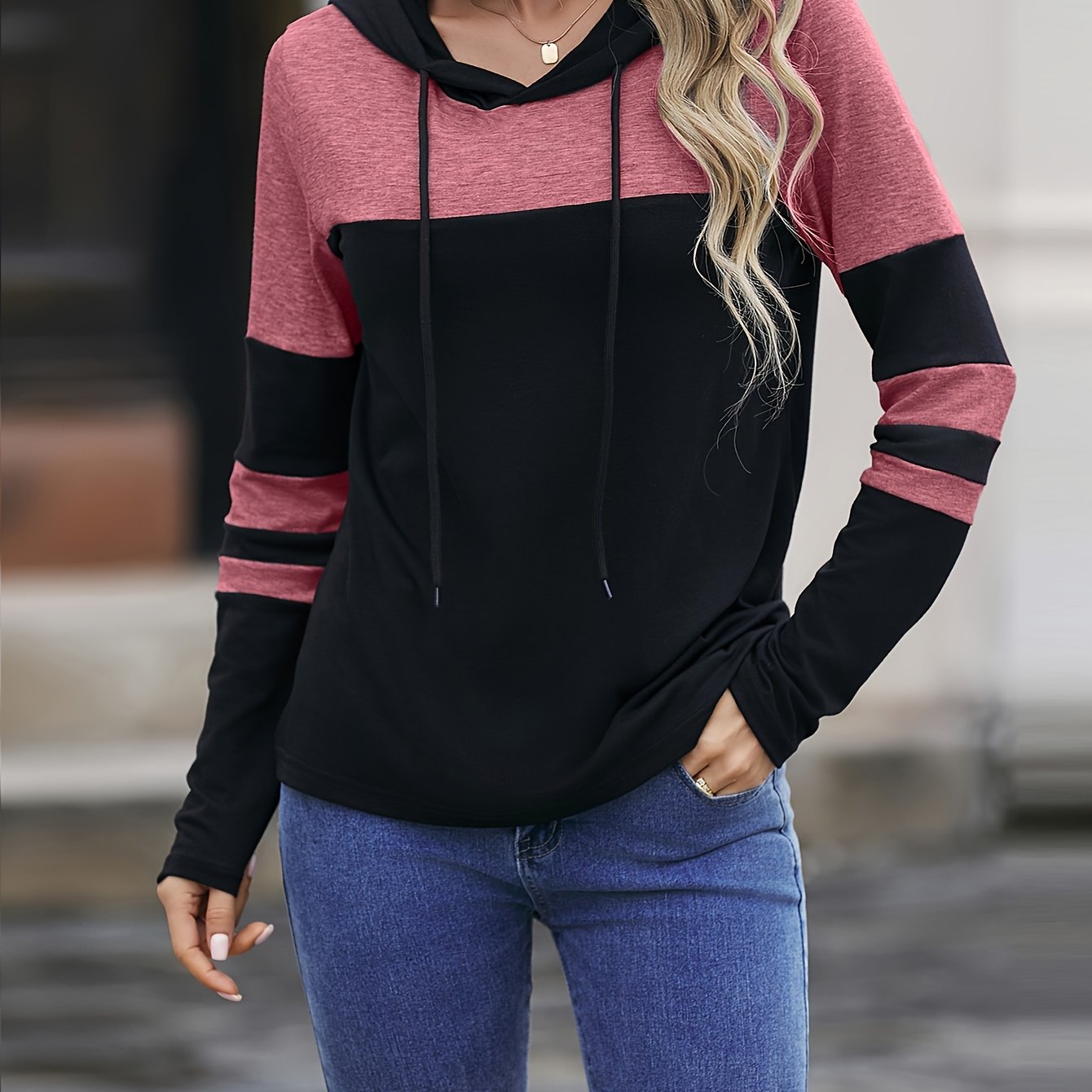 Colorblock Striped Hoodie, Casual Drawstring Long Sleeve Top For Spring & Fall, Women's Clothing