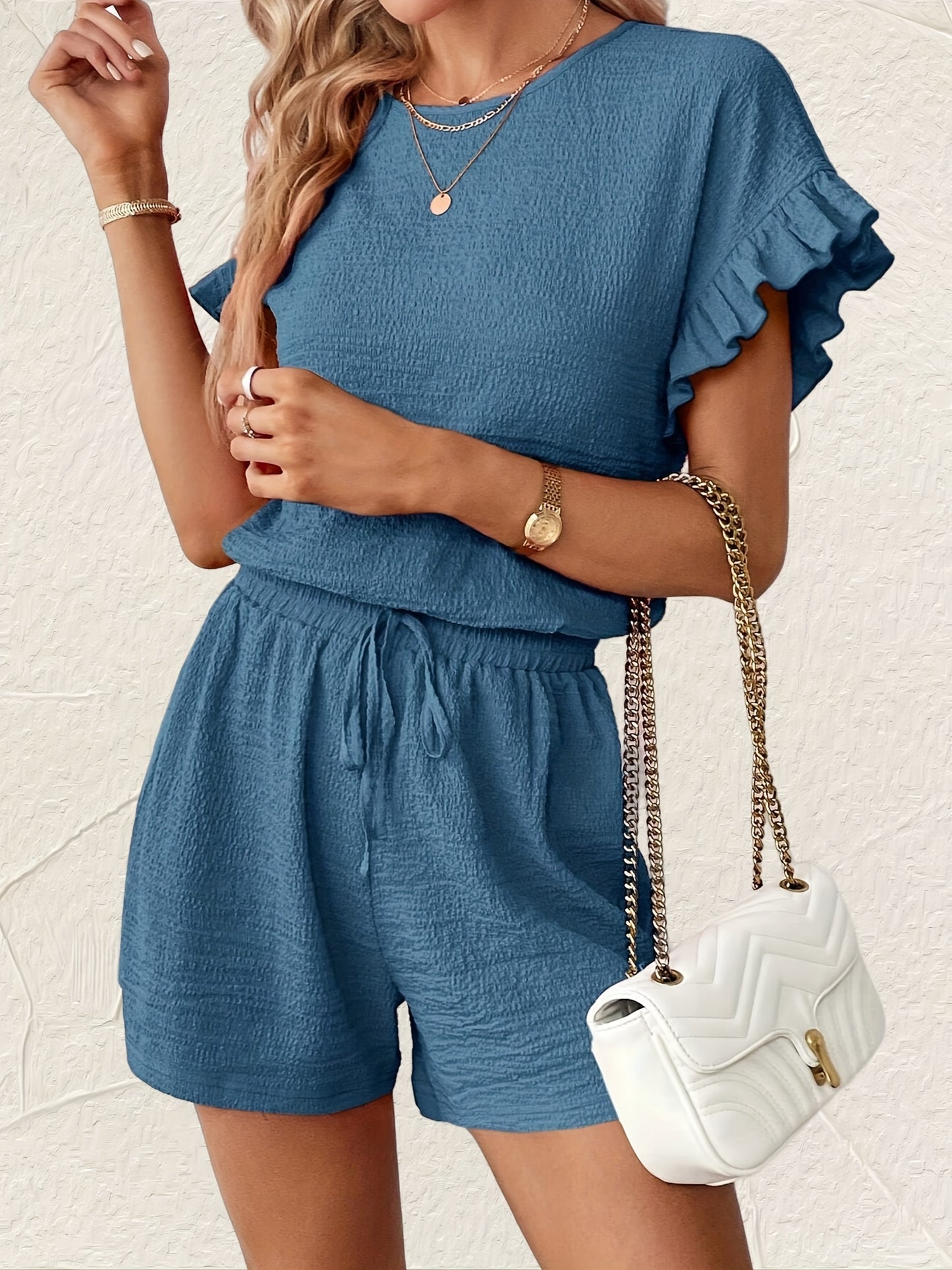 Chic Textured Ruffle Trim Womens 2 Piece Outfit - Short Sleeve Blouse & Drawstring Waist Shorts Set - Lightweight, Flirty & Comfortable, Perfect for Casual to Dressy Occasions