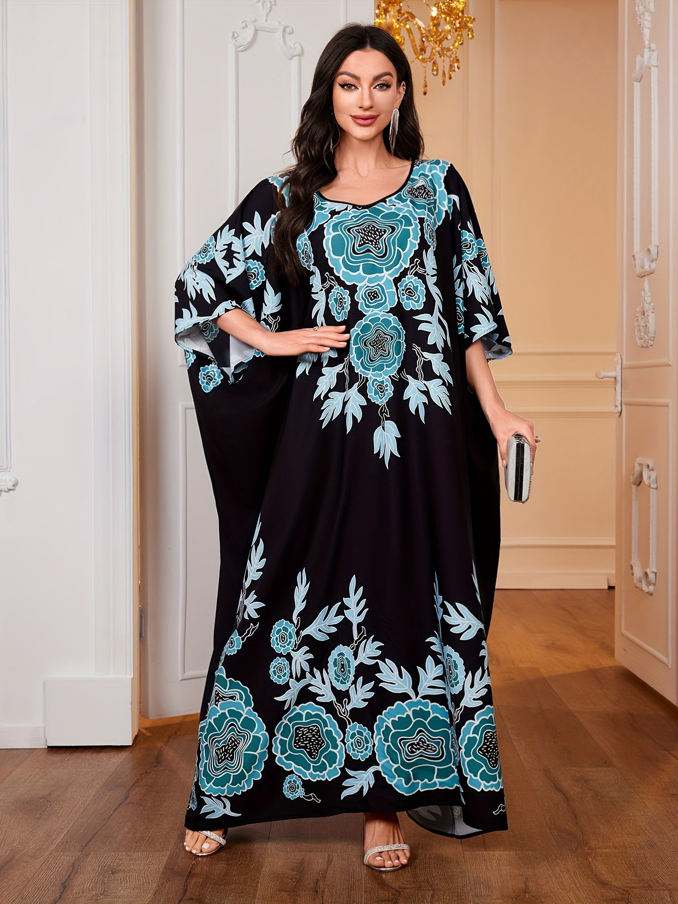 Ramadan Elegant Batwing Sleeve Ruffle Maxi Length Kaftan Dress - Stunning Graphic Print, Crew Neck, Flowy Design, Comfortable Wear, Women's Modest Clothing for Special Occasions