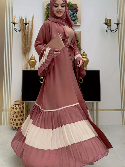 Elegant Long Sleeve Maxi Abaya Dress - Soft Polyester Fabric, Micro Elasticity, Machine Washable, Solid Color, Spring/Summer/Fall Wear, Frill Details - Womens Elegant Clothing for Special Occasions