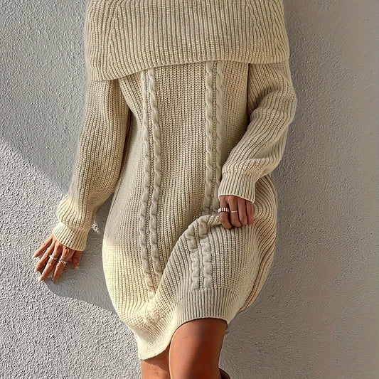 Stylish Plus Size Cable Knit Off Shoulder Sweater Dress - Women's Plus Size Sweater Dresses with Long Sleeves and Chic Design - Cozy Winter Fashion for Curvy Women