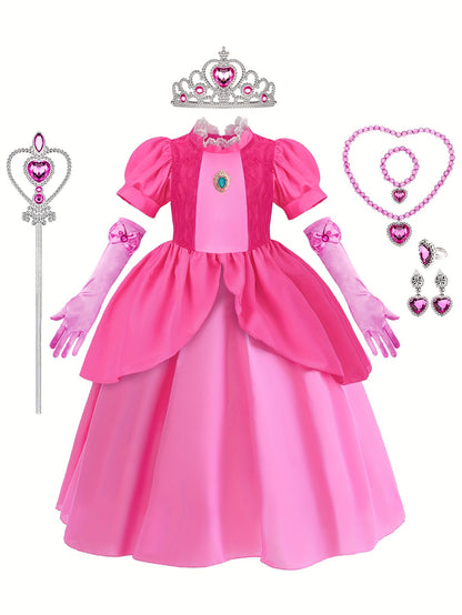 Girl's Princess Dress With Accessories Set, Puff Sleeve Lace Embroidery Decor, Halloween Holiday Party Prom Birthday Cosplay Performance Costume, Kids Clothes mardi gras