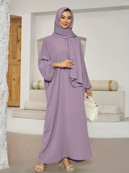 Chic Solid Color Kaftan Dress with Integrated Headscarf - Elegant Long Sleeve Maxi for Women - Flattering, Flowy, and Alluring Style