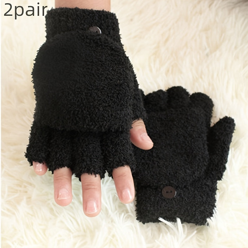 2 Pair Coral Fleece Flip Half-finger Gloves, Simple Cold-proof Writing Thicken Warm Gloves