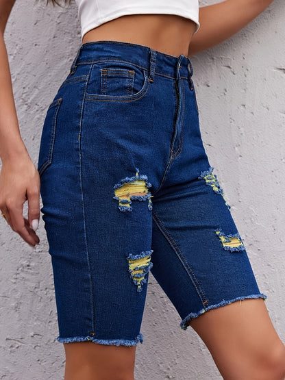 High-Rise Ripped Bermuda Denim Shorts – Vibrant Yellow Dye Details, Comfort Stretch Fabric & Casual Raw Edges – Perfect for Summer Outings