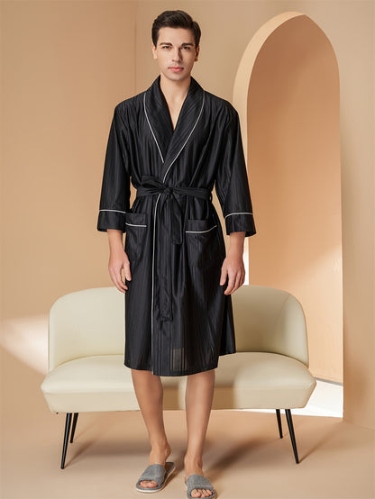 Men's Comfy Solid Glossy Robe With Pocket, Home Pajamas Wear One-piece Lace Up Kimono Night-robe Sets After Bath