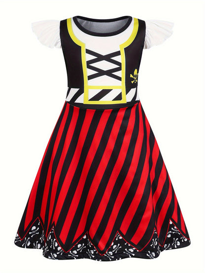 Girls' Spooky Fun Halloween Party Dress - Cartoon Themed Flutter Sleeve Stripes & Skulls & Cow Spots Pattern Dress Up Clothing for Girls