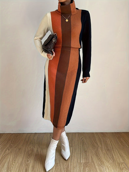 Vibrant Color Block Turtle Neck Knit Dress - Soft, Elegant, Simple, Long Sleeve, Slim Fit, Midi Length, Perfect for Spring & Fall - Women's Clothing for Everyday Wear