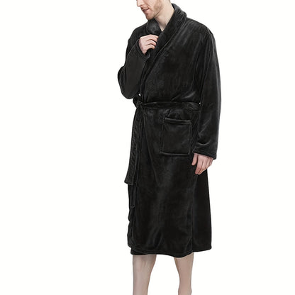 Men's Plush Flannel V-Neck Robe - All-Season Comfort, Stretch Fit, Solid Color, Sizes S-XXL