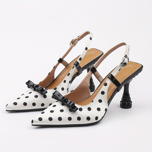 High Heel Womens Elegant Slingback Pointed Toe Pumps - Adjustable Ankle Strap, Polka Dot Faux Leather Upper, Chic Bowknot Detail, Comfortable TPU Sole, Hook and Loop Closure - Perfect for Summer and All-Season Wear