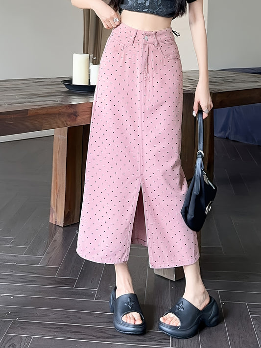 Pinkish Polka Dots High Waist Denim Skirt Women's Summer Fashion Design Split Hem Midi Denim Skirt