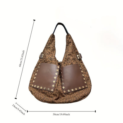 Chic Leopard Print & Denim Canvas Tote - Spacious Shoulder Bag with Rivet Accents, Detachable Strap for Women