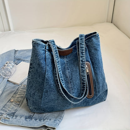 Chic Denim Crossbody Bag for Women - Trendy Shoulder Handbag with Zip Closure, Polyester Lined, Fashionable Contrast Color Design