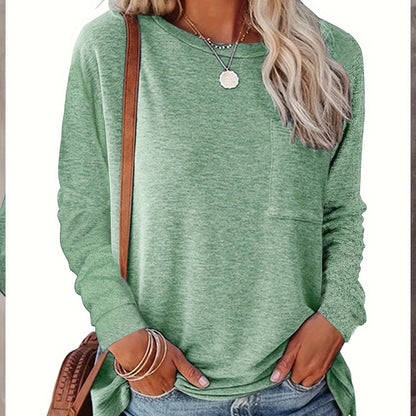 Long Sleeve Chic Rayon T Shirt for Women - Soft, Comfortable, and Trendy Crew Neck Top with Chest Pocket and Dipped Hem - Perfect for Fall and Winter Season