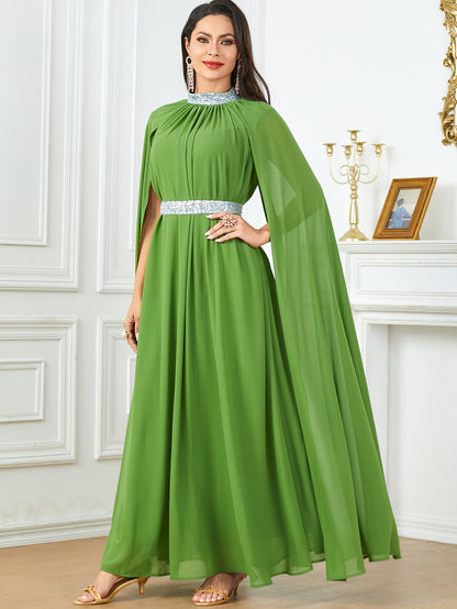 Long Sleeve Crew Neck Maxi Abaya Dress - Elegant Solid Color Block Design, Split Sleeve, Contrast Sequin Details, Non-Stretch Polyester Fabric, Belted, Middle East Style, Ideal for All Seasons