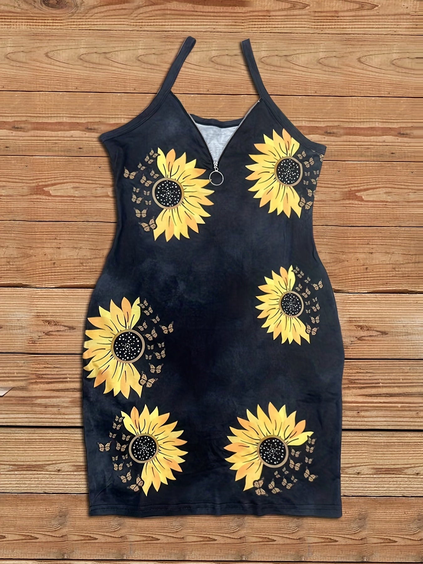 IKEARLAX Sunflower Print Zipper Front Spaghetti Dress, Casual Sleeveless Dress For Summer, Women's Clothing