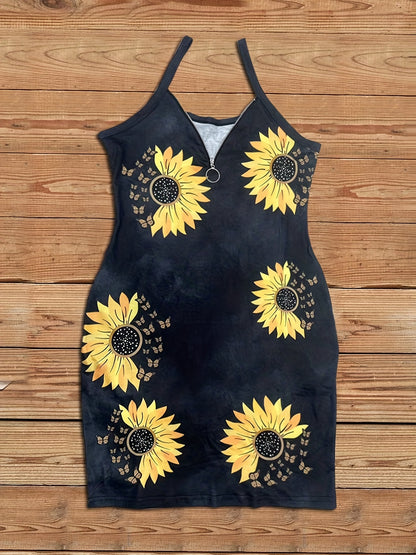 IKEARLAX Sunflower Print Zipper Front Spaghetti Dress, Casual Sleeveless Dress For Summer, Women's Clothing