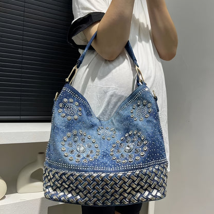 Elegant Denim Tote Bag with Sparkling Rhinestone Accents, Large Capacity, Detachable Strap - Chic Blue Shoulder & Crossbody Handbag for Women