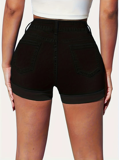 Chic Woven Denim Shorts - Stretchy High-Waist Zip & Cuffed Hem, Machine Washable Sexy Summer Essentials for Women