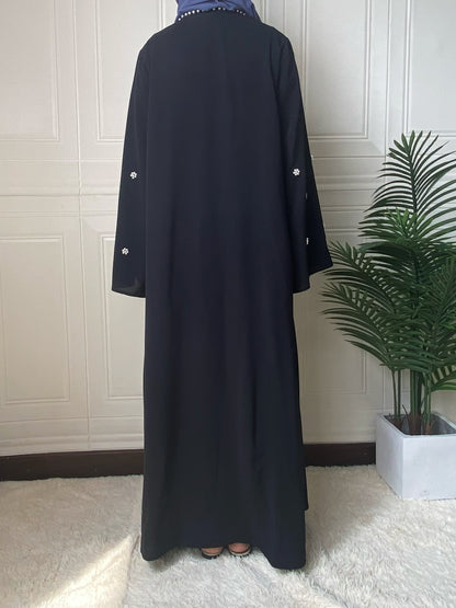 Ramadan Glamour - Solid Beaded Open Front Burqa Maxi Dress with Belted Waist - Timeless & Elegant Womens Clothing for Ramadan