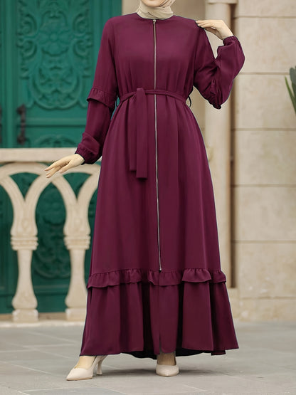 Elegant Modest Maxi Kaftan Dress - Long Sleeve, Tie-Waist with Chain Detail, Zip-Front, Durable All-Season Women's Fashion