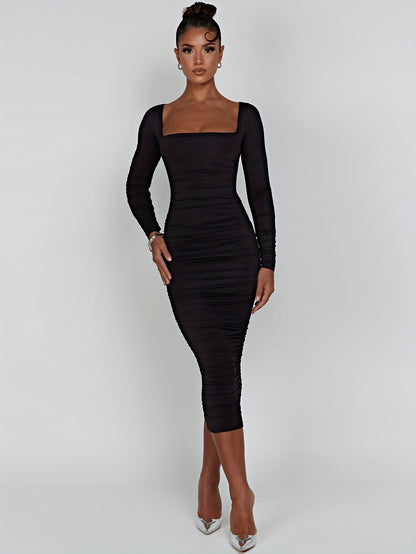 Chic Square Neck Ruched Dress - Flattering Long Sleeves, Figure-Sculpting Bodycon - Timeless Solid Color, Womens Fashion Staple