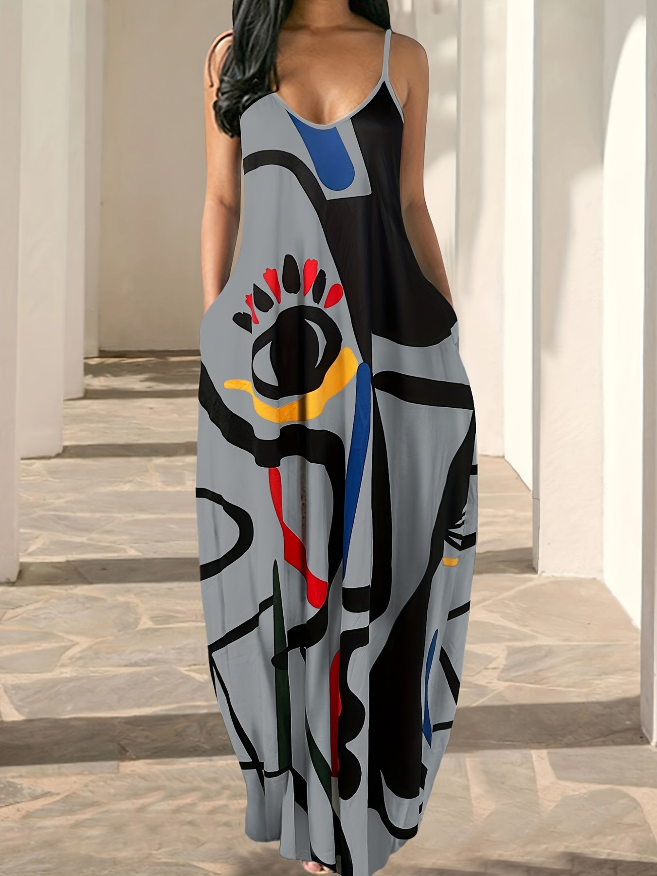 IKEARLAX Flowing Maxi Sundress - Vibrant Abstract Art Print - Breezy Spaghetti Straps - Versatile Summer Attire for Women