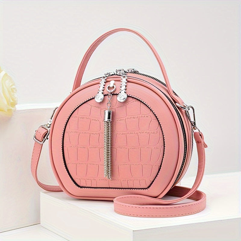 Sophisticated Round Mini Handbag - Crocodile Embossed, Solid Color, Adjustable Strap, Zipper Closure with Durable Edge Finish