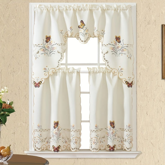 3pcs/set Colorful Butterfly Floral Embroidery Curtain for Home Decor and Weddings - Polyester Satin Rod Pocket Window Treatment for Kitchen, Living Room, Bedroom, Bathroom - Elegant and Stylish Decorative Ornaments