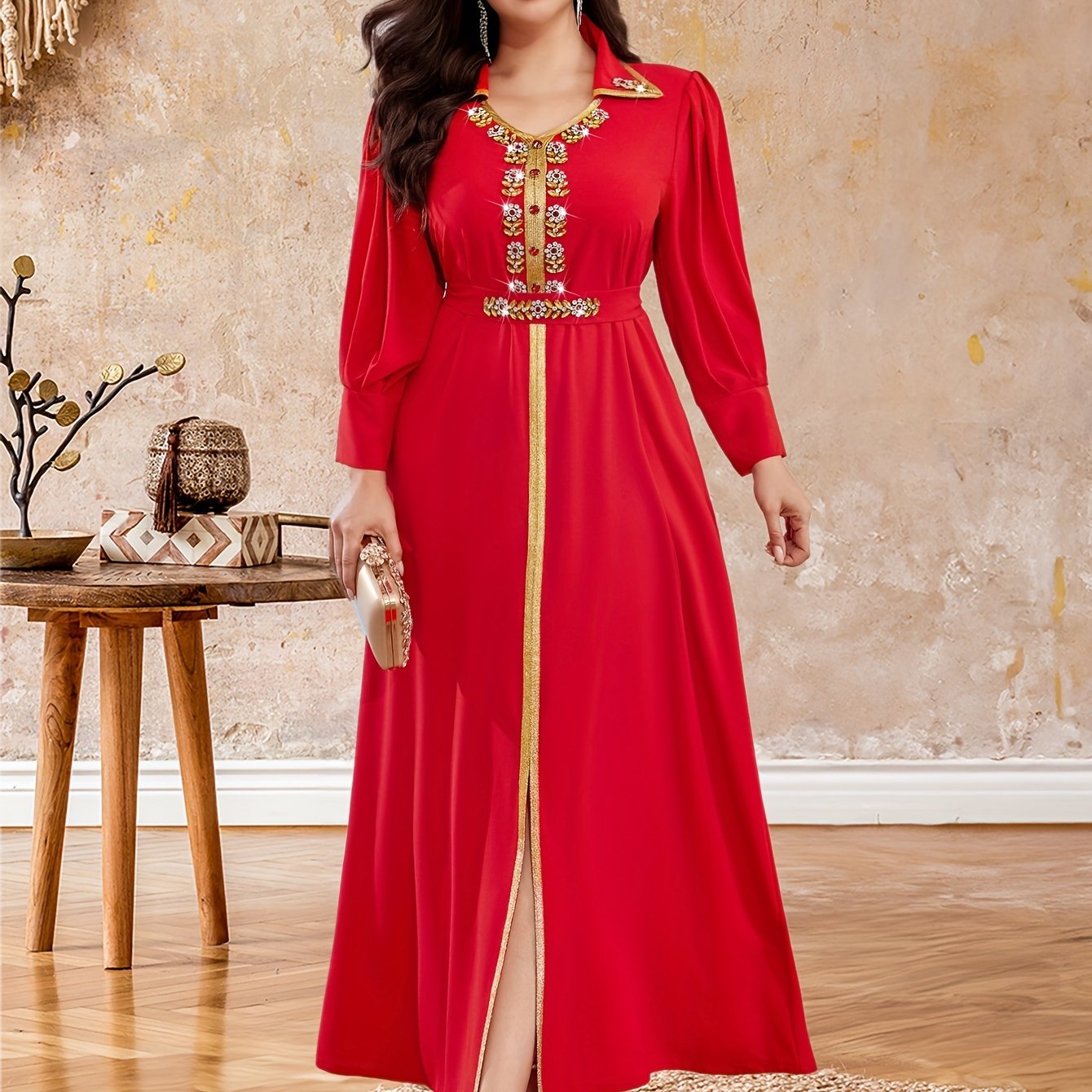 Glamorous Rhinestone V Neck Kaftan Maxi Dress - Sparkling Long Sleeve Split Design - Elegant Evening Wear for Women