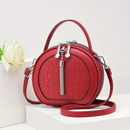 Sophisticated Round Mini Handbag - Crocodile Embossed, Solid Color, Adjustable Strap, Zipper Closure with Durable Edge Finish