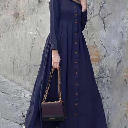 Elegant Puff Sleeve Maxi Dress - Ruched Button Detail - Versatile for Ramadan & Special Occasions - Women's Fashion