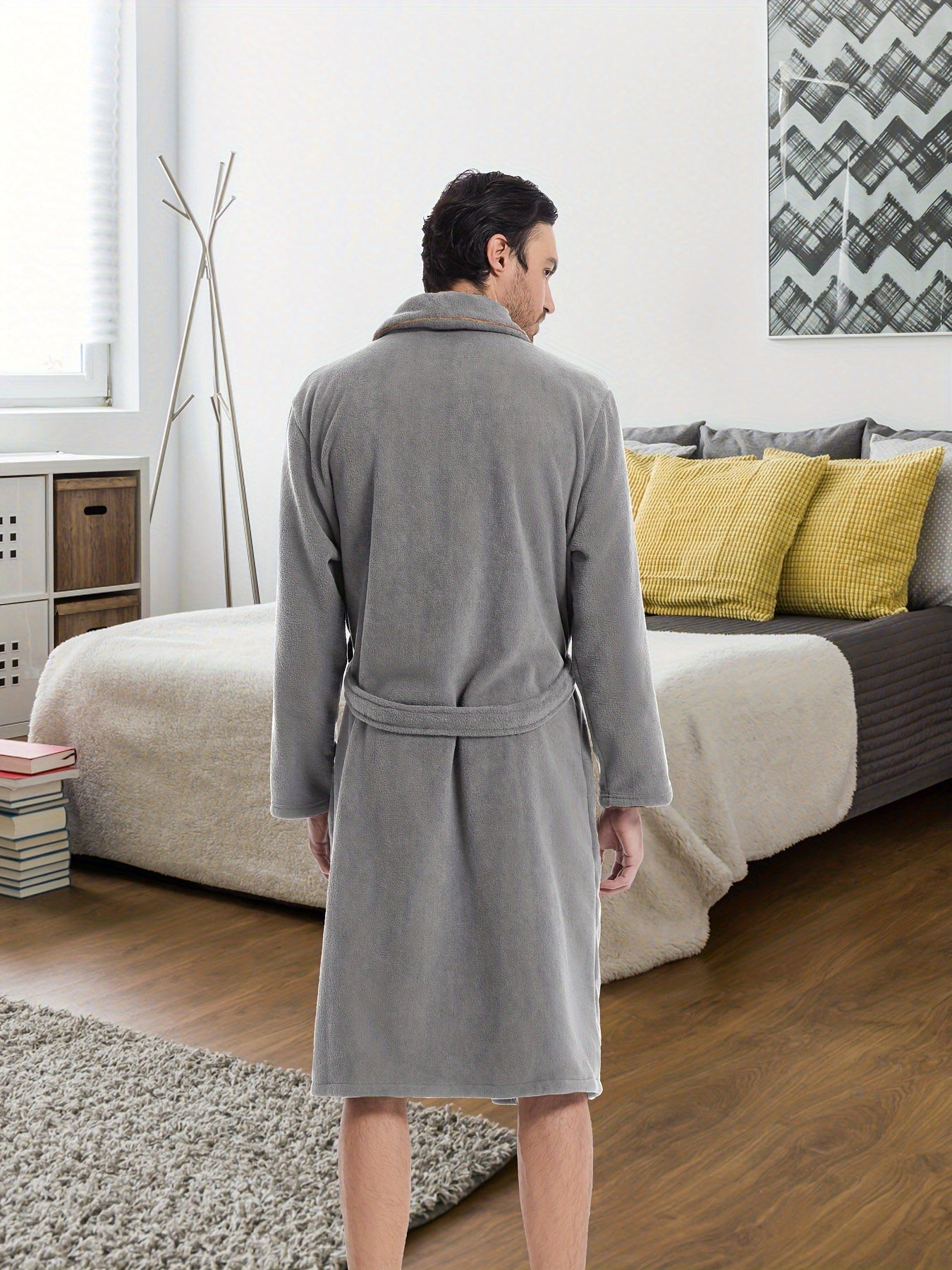 Men's Comfy Plain Color Robe For Home Pajamas Wear Night-robe Sets After Bath