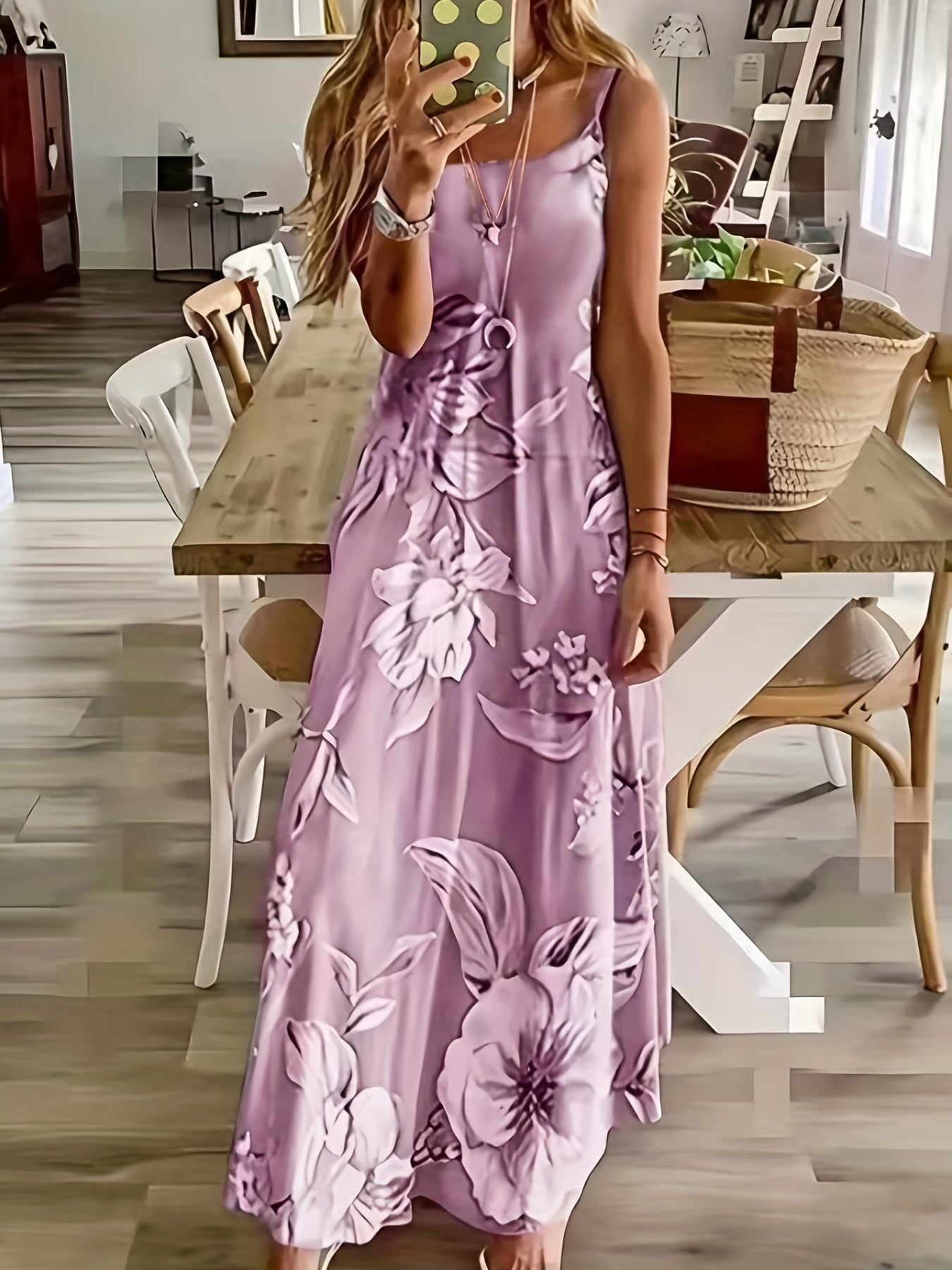 IKEARLAX Elegant Summer Floral Maxi Dress - Stretchy Knit, Spaghetti Strap, Perfect for Vacation & Casual Wear