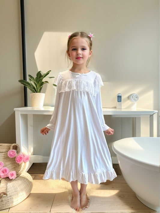 Girl's Elegant Lace Bow Decor Long Sleeve Round Neck Dress, Comfortable & Casual Princess Style Dress For Girl's Daily Wearing